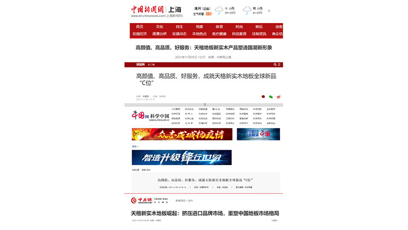 中新社、環球網等數十家媒體刊文盛贊天格新實木地板為中國質造新名片